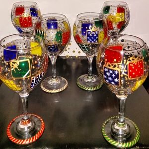 6  Handpainted Christmas Gift Box Wine Glasses